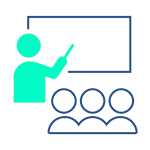 An illustration of a green figure conducting educational training in front of a whiteboard